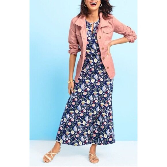 Talbots Maxi Dress L Large Paisley Sleeveless Blue Pink Stretch Washable NEW - Picture 2 of 12